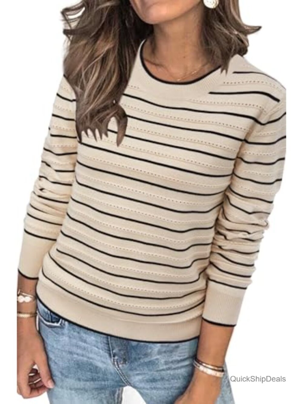 Soft Knit Striped Sweater Crew Neck Long Sleeve Pullover Business Casual